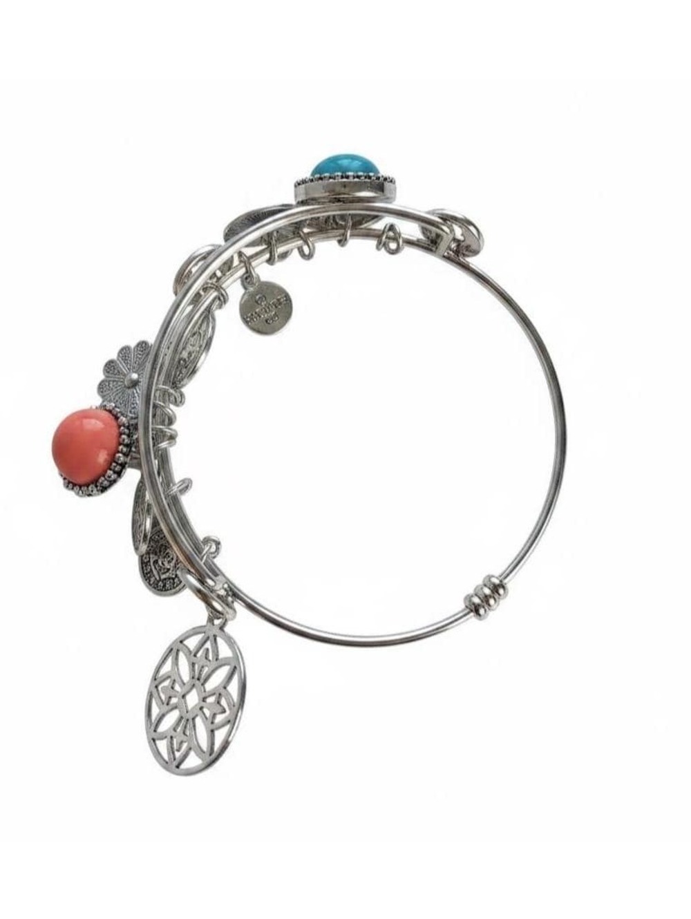 Vintage RJ Graziano Silver Tone Charm Bangle Bracelet, Turquoise Coral Cabochon